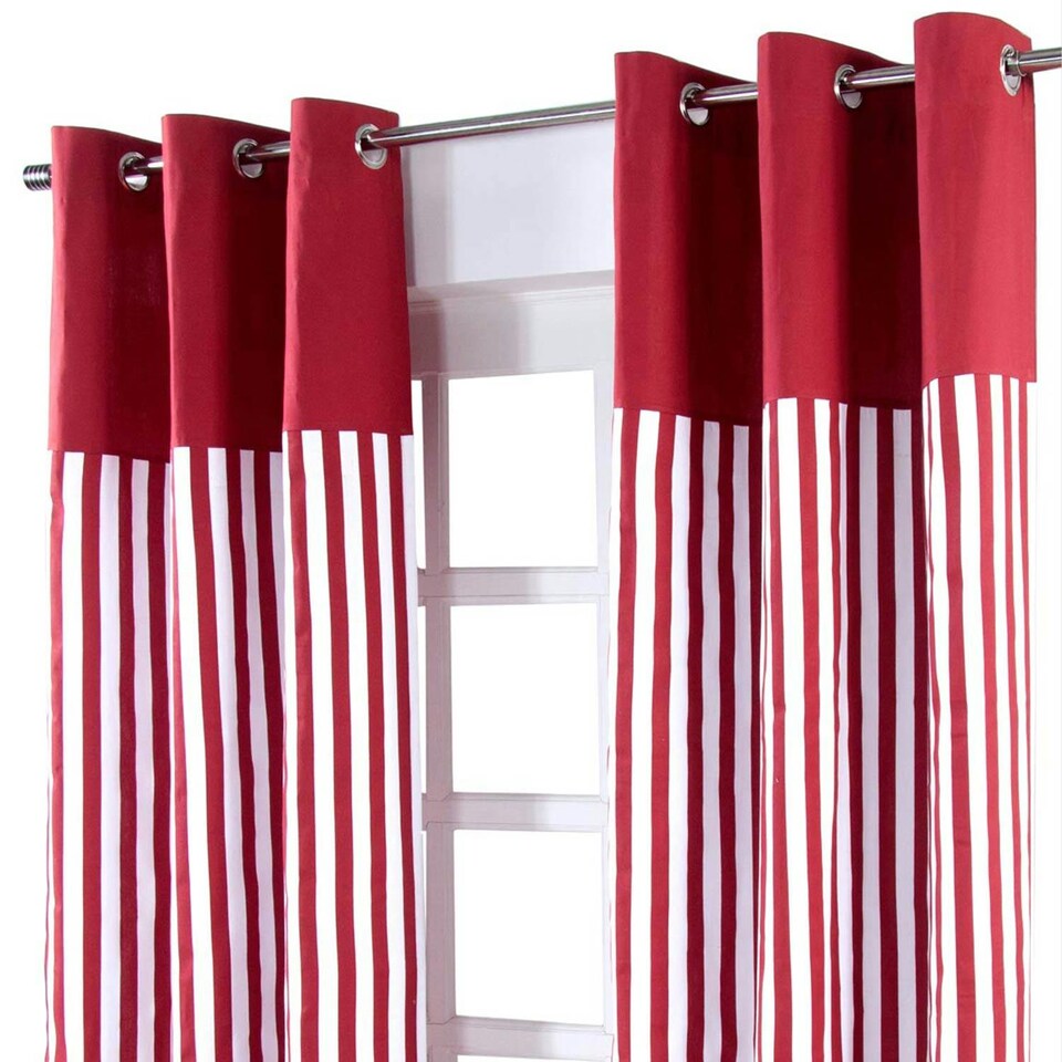 image 1 of Homescapes Thick Stripe Ready Made Eyelet Curtain Pair - 137 x 228 cm Drop | Red | Red