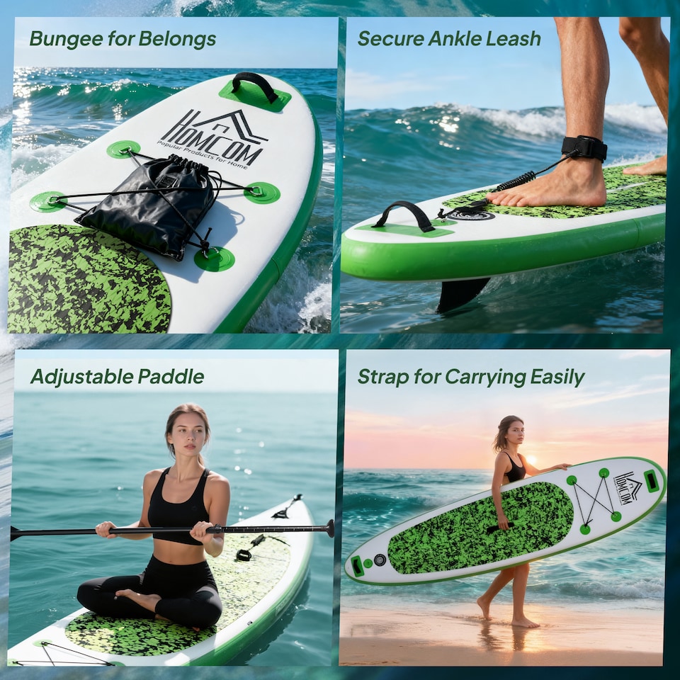image 1 of HOMCOM Inflatable Stand Up Paddle Board, 10' x 30' x 4', Non-Slip SUP, with ISUP Accessories, Hand Pump, 3 Fins, Adj Paddle for Youth Adult Beginners and Experts | Green | Green