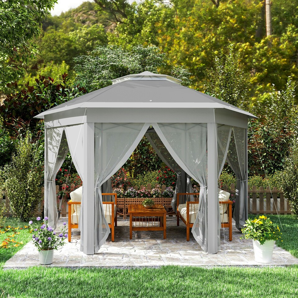 image 1 of Outsunny 3x4m Hexagon Gazebo w/ Mesh Curtains Outdoor Garden, Dark Grey