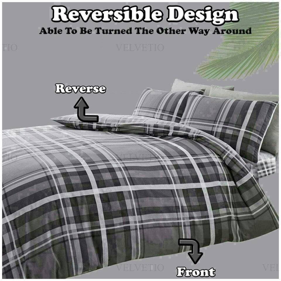 image 1 of Newton Tartan Check Duvet Cover Set Reversible Polycotton Beddings Grey | King