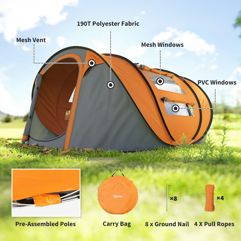 image 1 of Outsunny Camping Tent Dome Pop-up Tent with Windows for 4-5 Person Dark Green