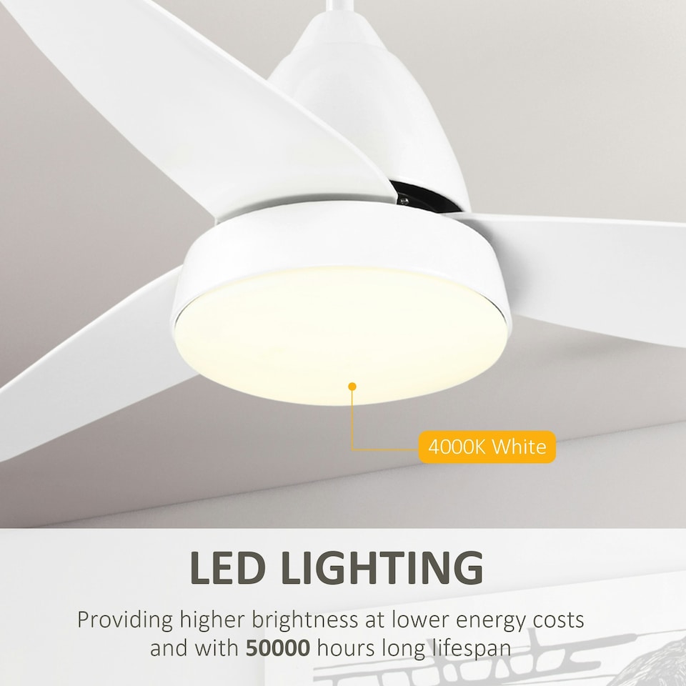 image 1 of HOMCOM Reversible Ceiling Fan with Light, 3 Blades, Mount Lighting Fan, White