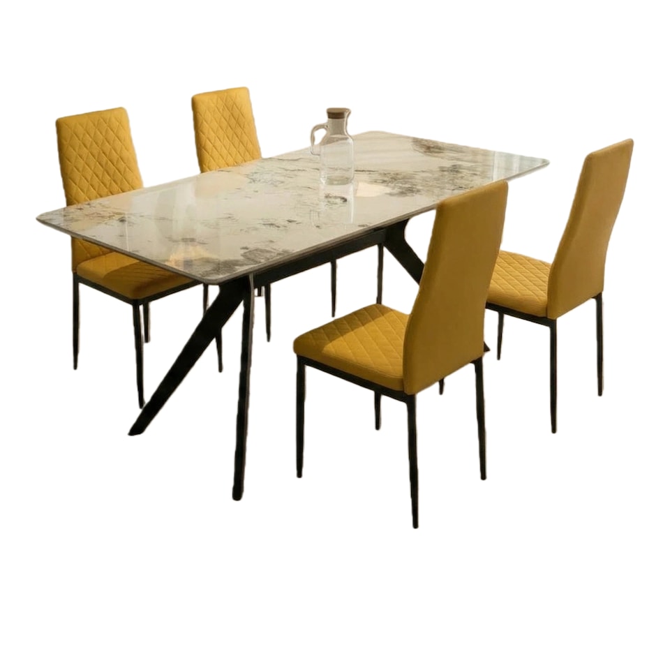 image 1 of San Diego Marble Dining Table with Emily Leather Chairs - Mustard