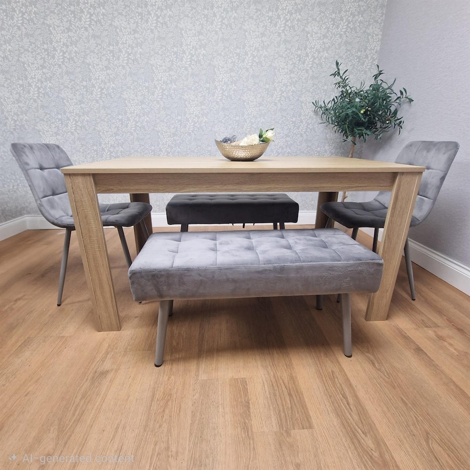 image 1 of Dining Table and 2 Chairs With 2 Benches Oak Effect Wood Table 2 Grey Velvet Chairs Dining Room