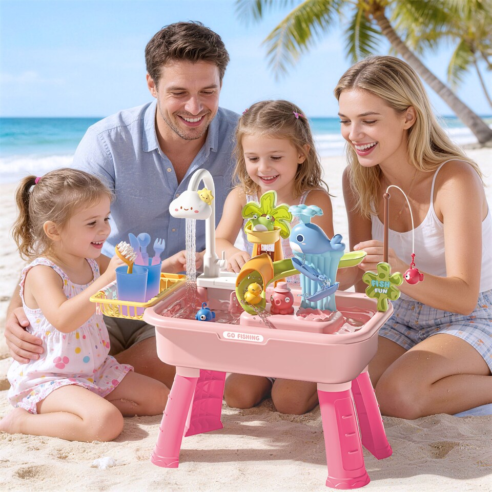 image 1 of 2 in 1 Beach Table & Simulation Kitchen Sink Toy Set with Water Supply Function and Color-Changing Tableware - Pink