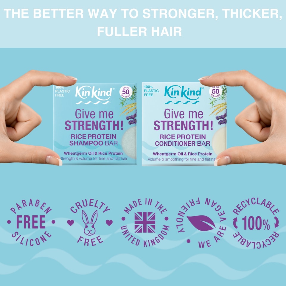 image 1 of KinKind Give me STRENGTH Rice Water Protein Solid Shampoo Bar and Conditioner Bar Set. For Hair Growth, Menopause, Thickening & Volume