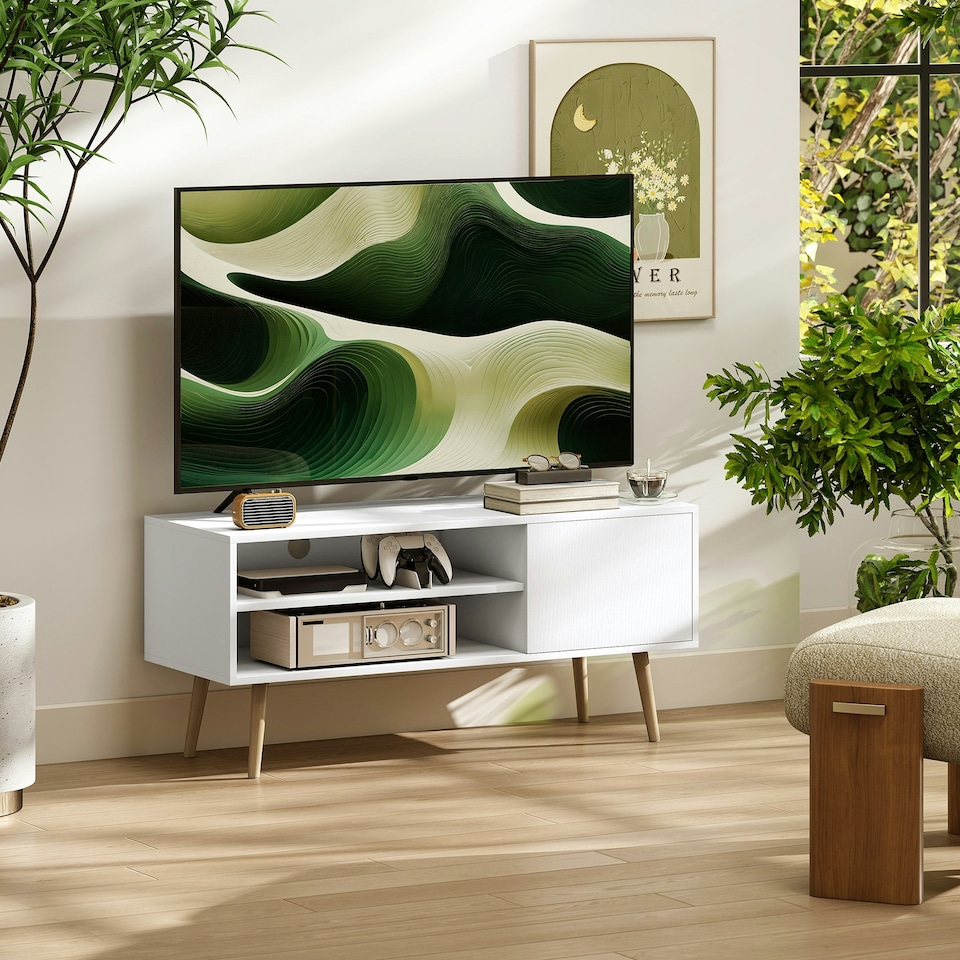 image 1 of HOMCOM TV Unit Cabinet for TVs up to 55Inches with Cupboard Shelves, White White