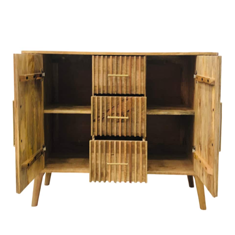 image 1 of Slated 2 Door 3 Drawer Sideboard - Mango Wood - L45 x W164 x H80 cm - Light Finish - Assembly Required | Brown