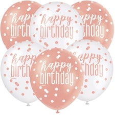 Rose Gold Glitz Happy Birthday Assorted Biodegradable Latex Balloons 30cm / 12 in - Pack of 6