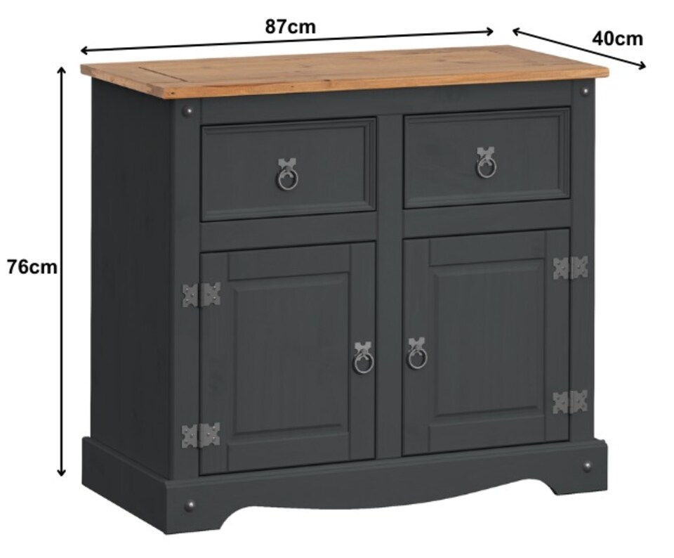 image 1 of Mercers Furniture Corona Charcoal 2 Door 2 Drawer Sideboard Cabinet Cupboard Solid Wood Pine Wooden Dark Grey with Mexican Styling