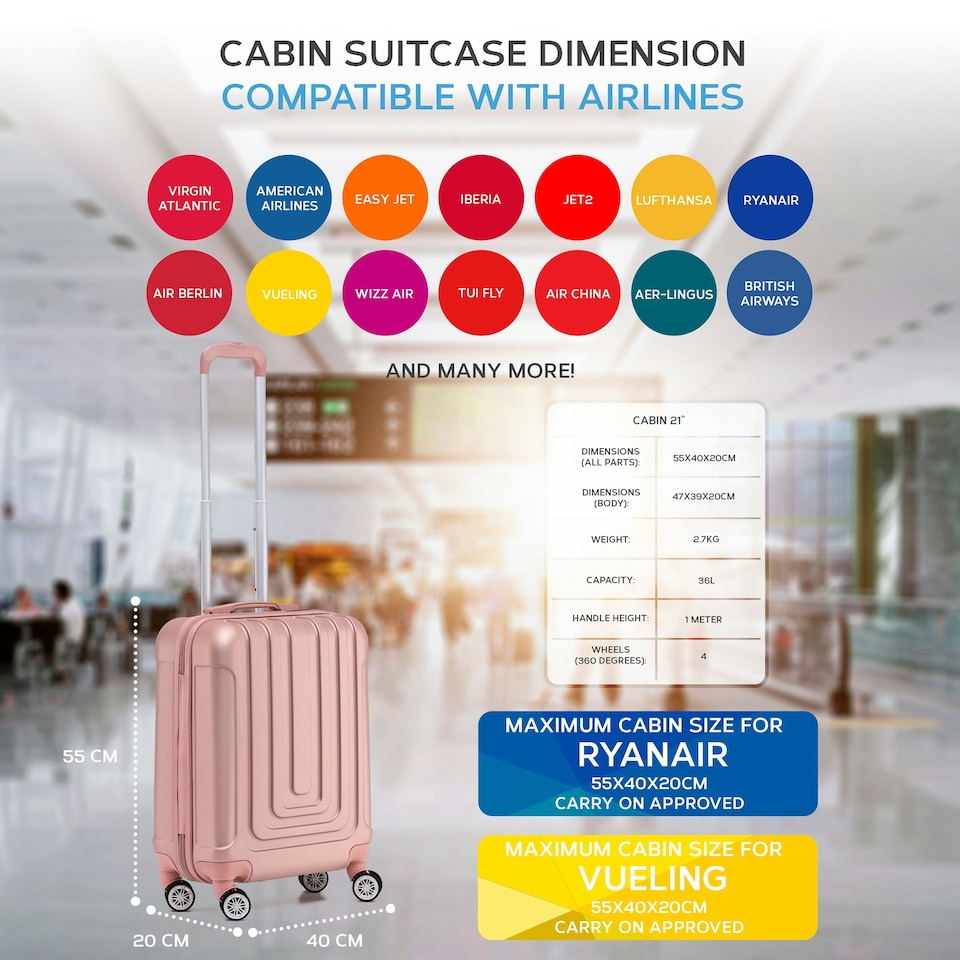 image 1 of Flight Knight Premium Hard Shell Lightweight Cabin Suitcase - 8 Wheels - TSA Lock & USB Port - 100 Airlines Approved Including Ryanair Priority - 55x40x20cm Pink | Rose Gold | Cabin Bag