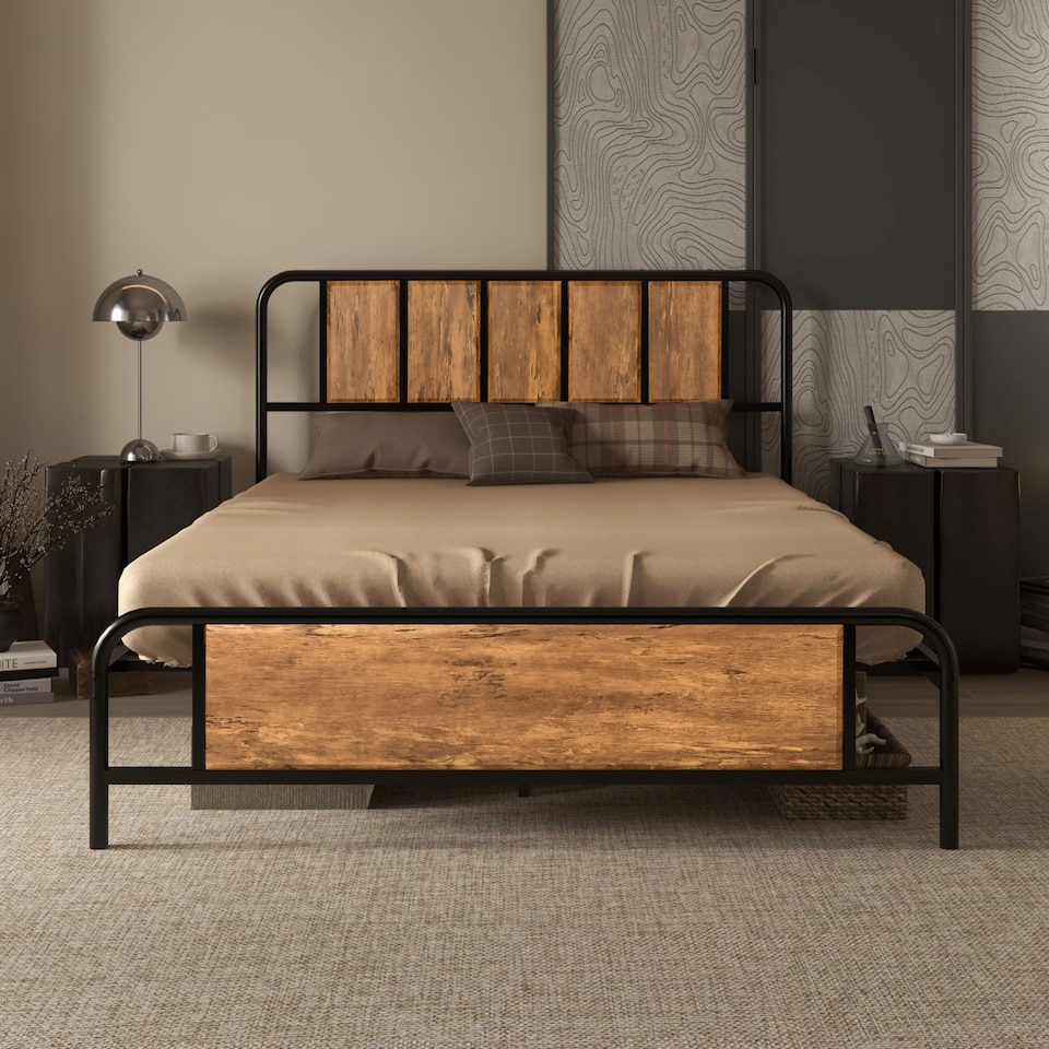image 1 of HOMCOM 4.8ft Double Bed Frame with Industrial Wood Headboard, Steel Slat Support and 25.5cm Underbed Storage Space, 145 x 197cm, Rustic Brown