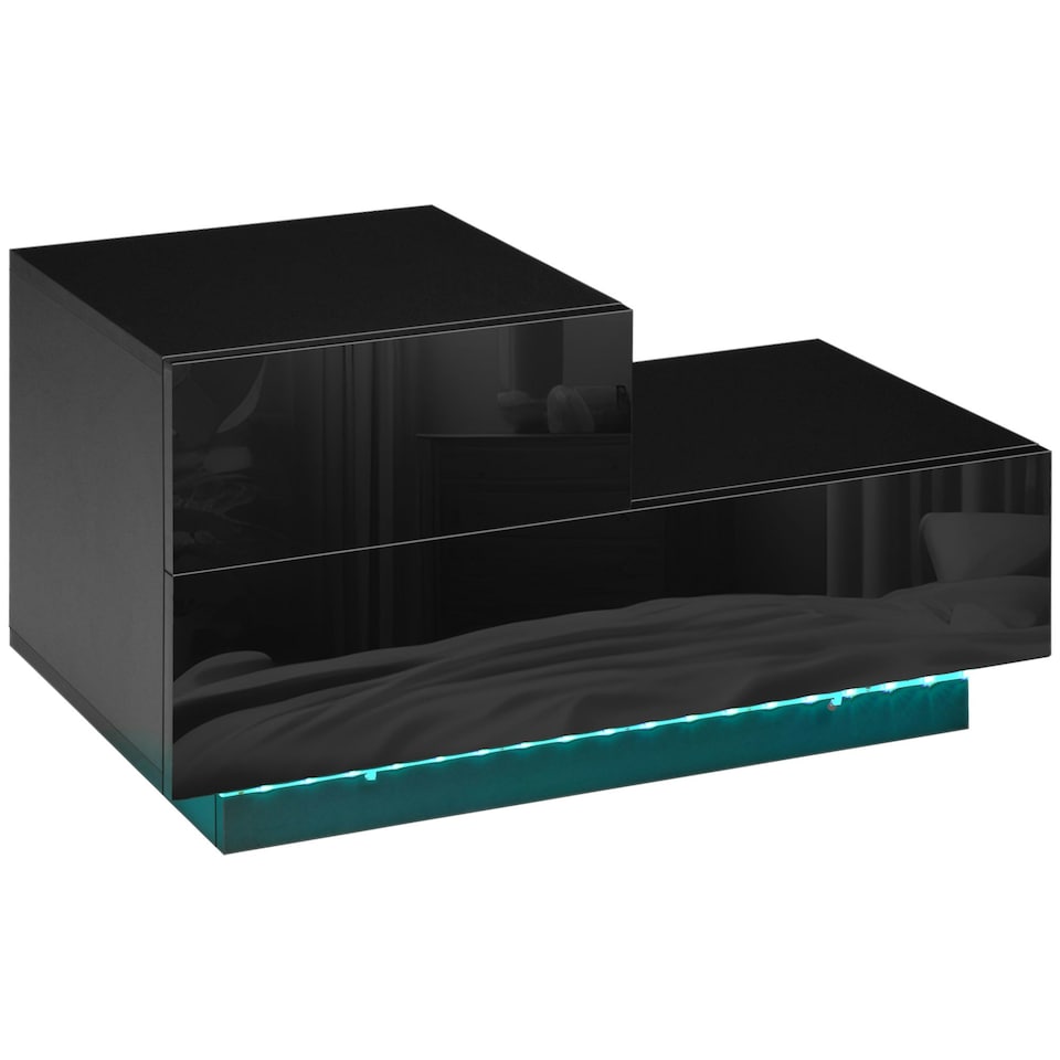 image 1 of HOMCOM High Gloss Front Bedside Table Nightstand with LED Light Remote Black