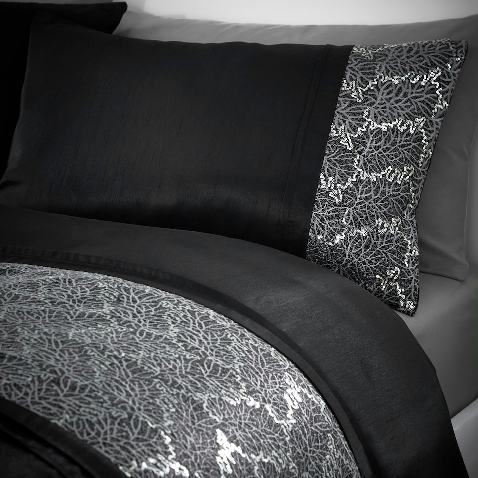image 1 of Portfolio Home Rouen Embellished Sequens Soft Easy Care Bed Linen Bedding Duvet Cover Quilt Set With Pillow Case | Black | Double