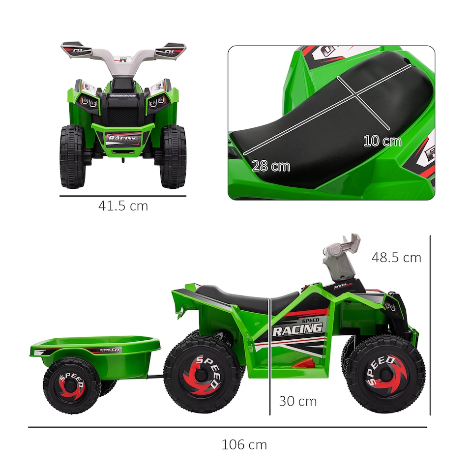image 1 of HOMCOM Electric Quad Bike, 6V Kids Ride On All-Terrain with Back Trailer for Ages 18-36 Months - Green
