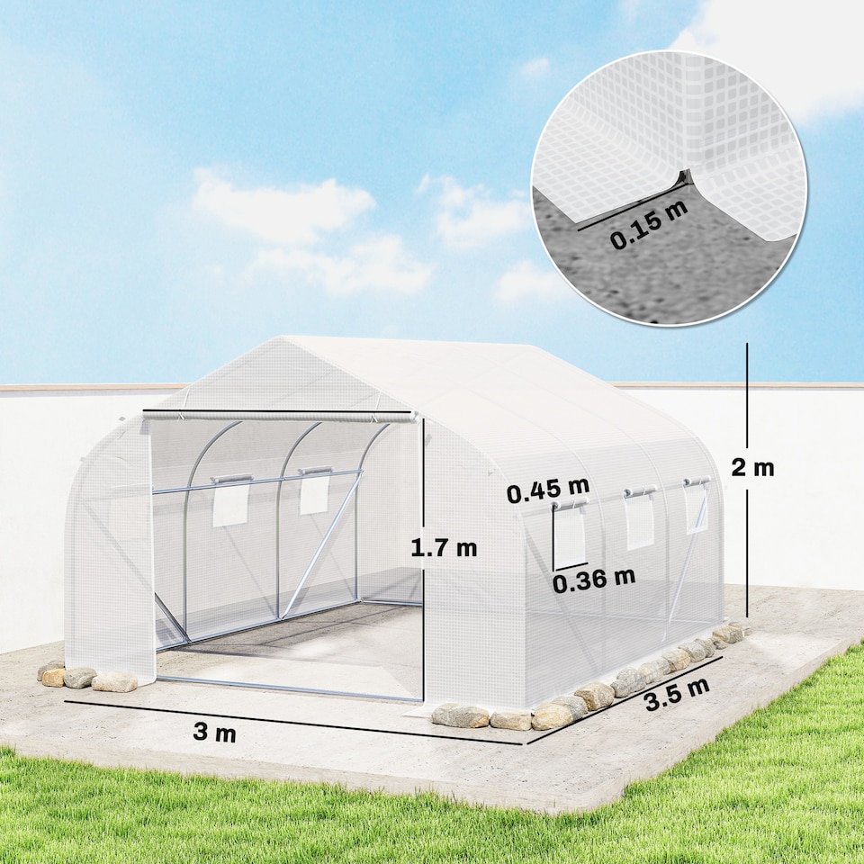 image 1 of Outsunny Walk-In Polytunnel Greenhouse w Roll Up Door Windows, 4.5x3x2 m White