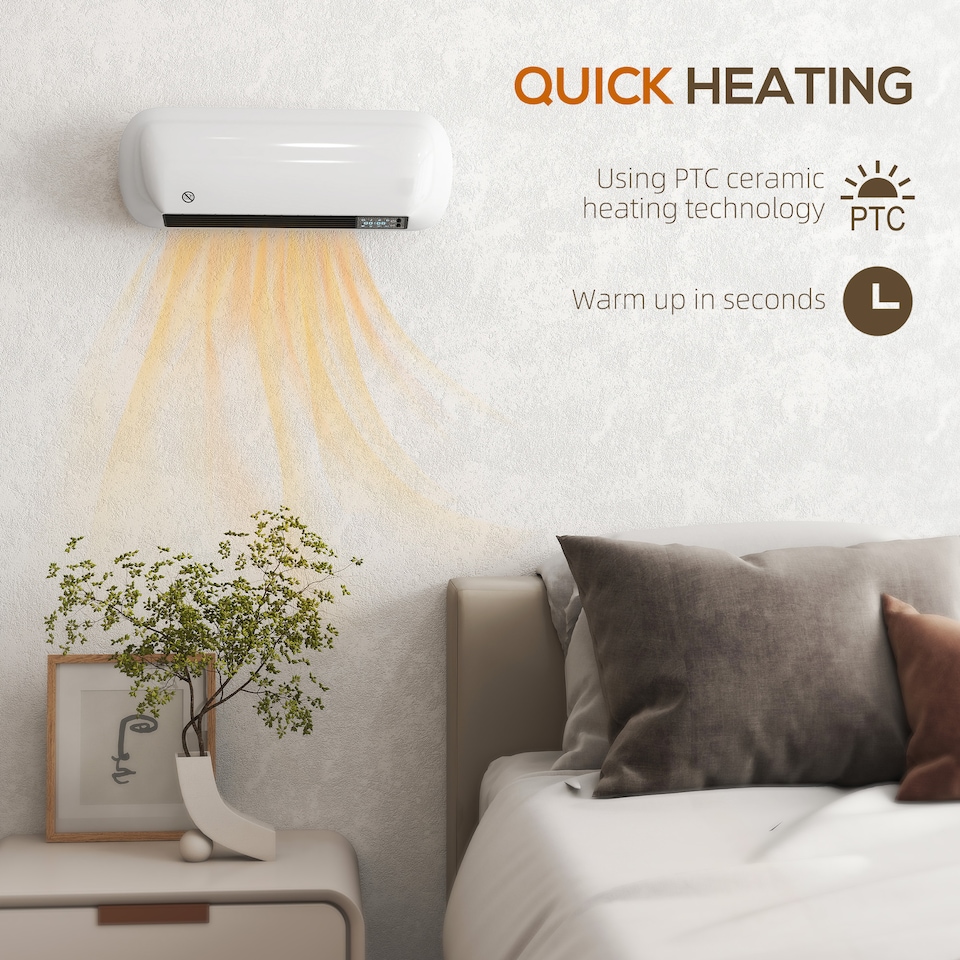image 1 of HOMCOM Ceramic Electric Heater 2000W with Fan, Wall Mounted, White | White
