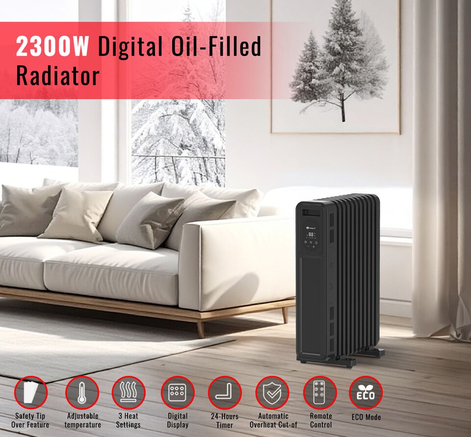 image 1 of 2300W Oil Filled Radiator with Remote Control Black
