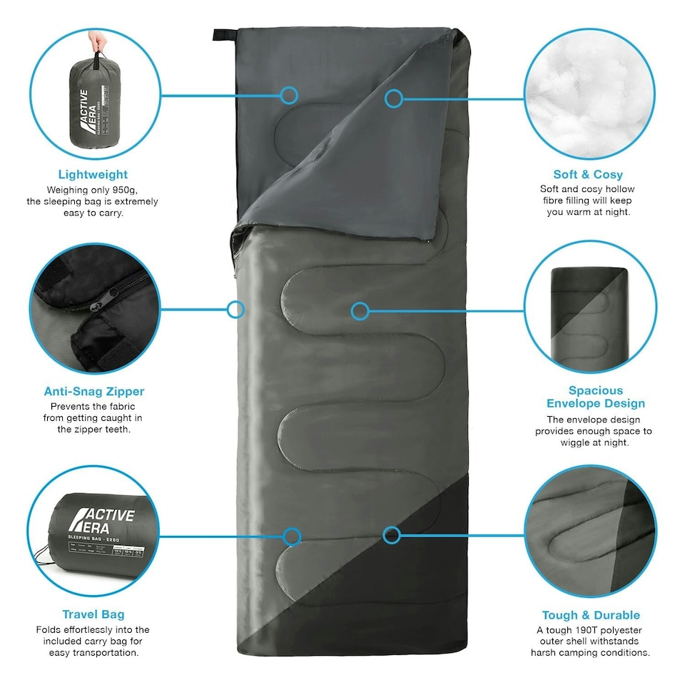 image 1 of Premium Warm Lightweight Envelope Sleeping Bag (200 GSM) - 2 Seasons - Black