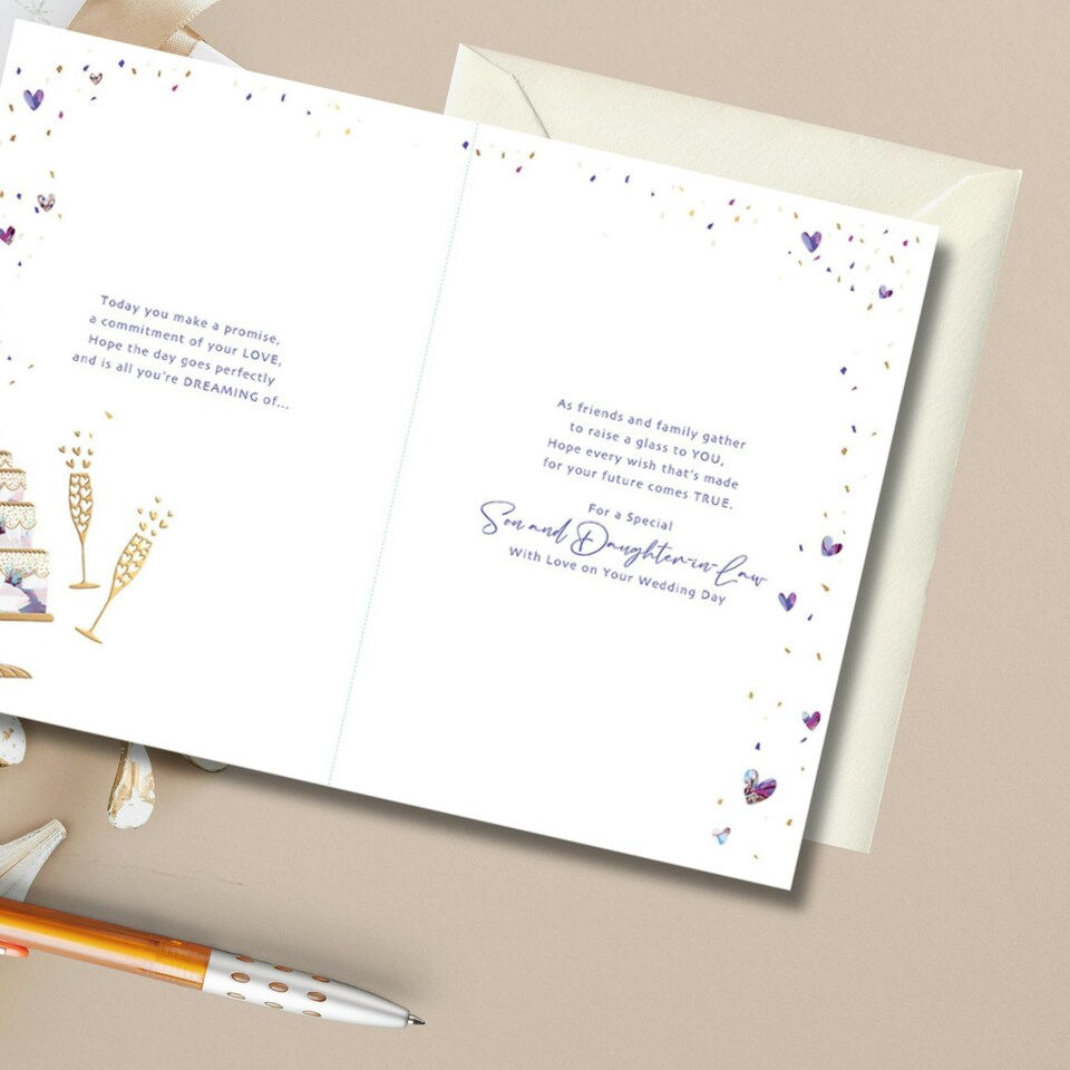 image 1 of Words 'n' Wishes Special Son and Daughter in Law Wedding Congratulations Card - 'Lots of Love' Floral Heart and Confetti Design