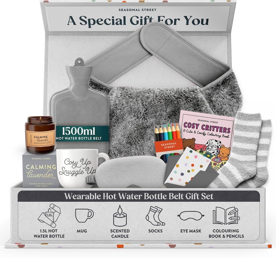 image 1 of SEASONAL STREET Hot Water Bottle Gift Set - 500ml Velvet Bottle, Socks, Candle, Eye Mask - Christmas Gifts for Her