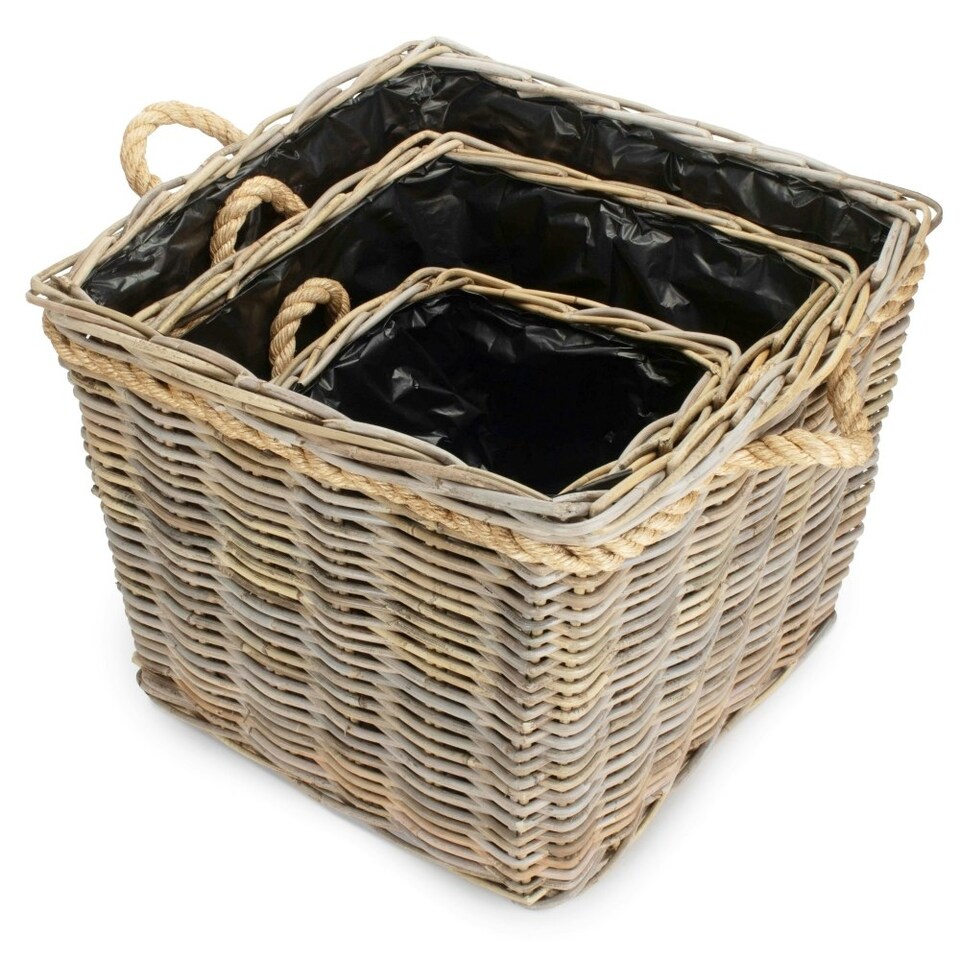 image 1 of Set of 3 Square Tapered Rope Handled Rattan Planter With Plastic Lining
