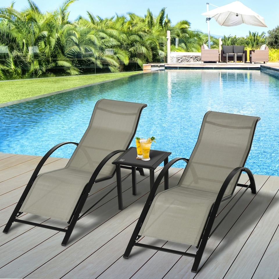 image 1 of Outsunny 3 Pieces Lounge Chair Set Garden Sunbathing Chair w/ Table Grey