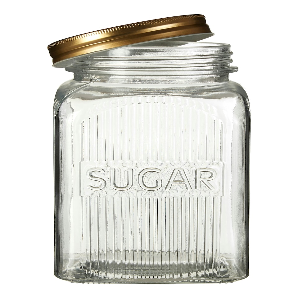 image 1 of Interiors by Premier Set of Three Glass Jars with Gold Finish Lids, Embossed 'Tea', 'Coffee', and 'Sugar' Labels