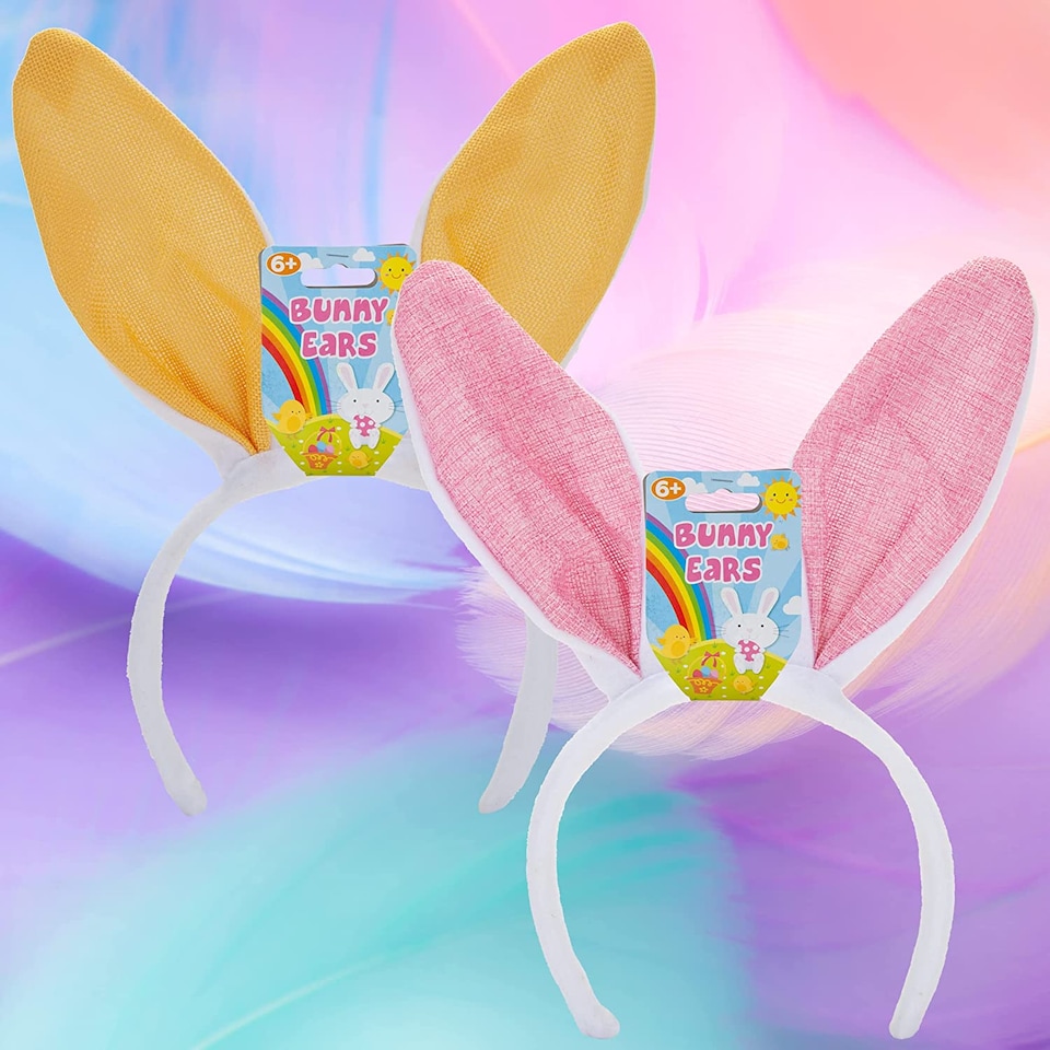 image 1 of PMS Easter Bunny Ear Headbands - 2 Pack, White Fabric Ears with Pink and Yellow Pastel Bands
