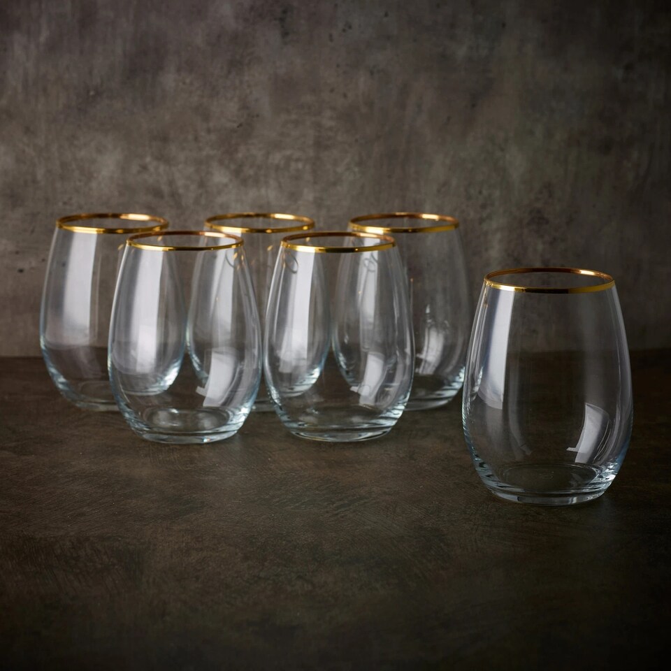 image 1 of Amber Tumbler Gold Rim Set Whiskey Glass Cocktail Goblet 570ml | Clear | Clear | Set of 6