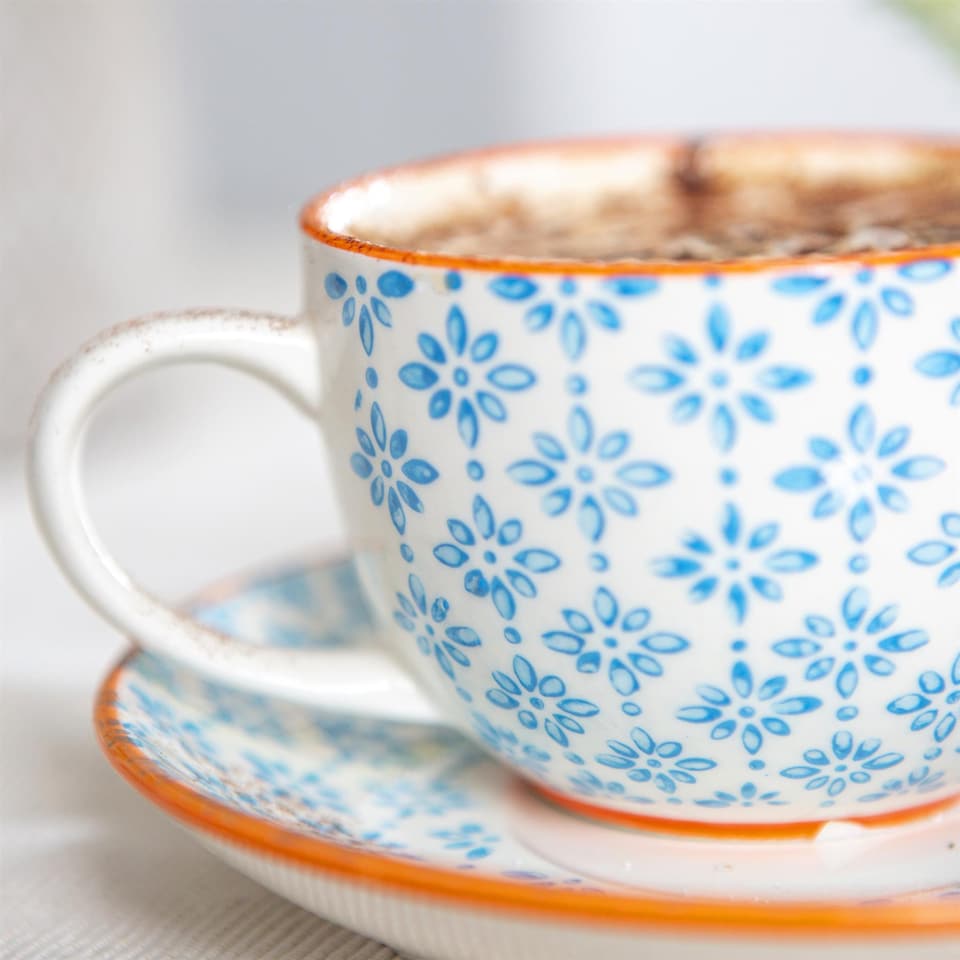 image 1 of Nicola Spring 12 Piece Hand-Printed Cappuccino Cup & Saucer Set - 250ml - Blue
