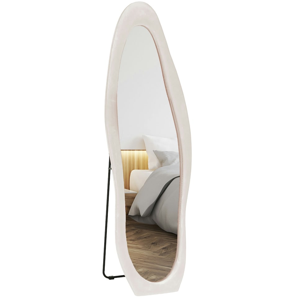 image 1 of HOMCOM Irregular Full Length Mirror with Velvet Frame 160 x 50cm Light Pink