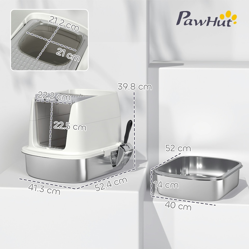 image 1 of PawHut Stainless Steel Litter Box, Enclosed Metal Cat Litter Tray with Scoop White | One Size