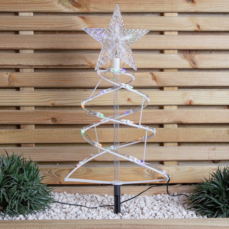 image 1 of 45cm Set of 4 Light up White Spiral Christmas Tree Garden Path Lights with 100 Multi-Coloured LEDs