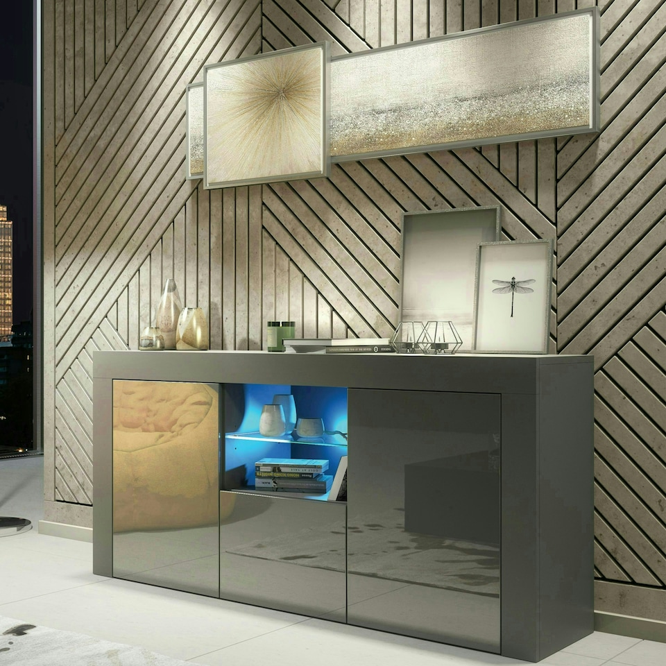 image 1 of Grey TV Unit 145cm Gloss Doors Free LED Modern Media Cabinet Grey