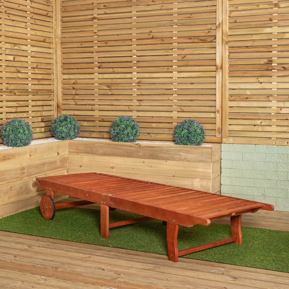 image 1 of 1.9m x 0.6m Outdoor Wooden Adjustable Foldable Sunlounger with Wheels | Brown | Brown