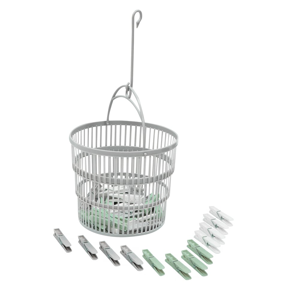 image 1 of JVL Collapsible Peg Basket with 86 Plastic Clothes Pegs, Assorted Colours