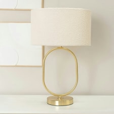 ValueLights Antonia Cream Boucle Drum Shade Brushed Gold Oval Table Lamp with LED Bulb Gold