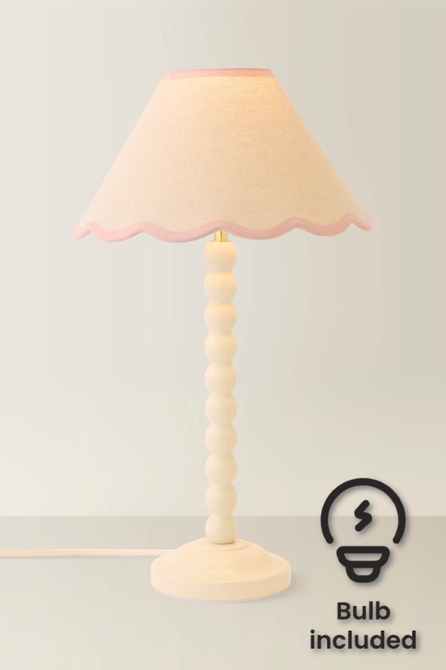 image 1 of ValueLights Bobble Cream Table Lamp Pink Trim Scallop Shade & Bulb | Cream