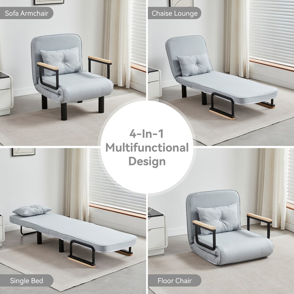 image 1 of 4 in 1 Folding Single Sofa Bed Convertible Lounge Sleeper Chair with Adjustable Backrest and Large Cushion Light Grey