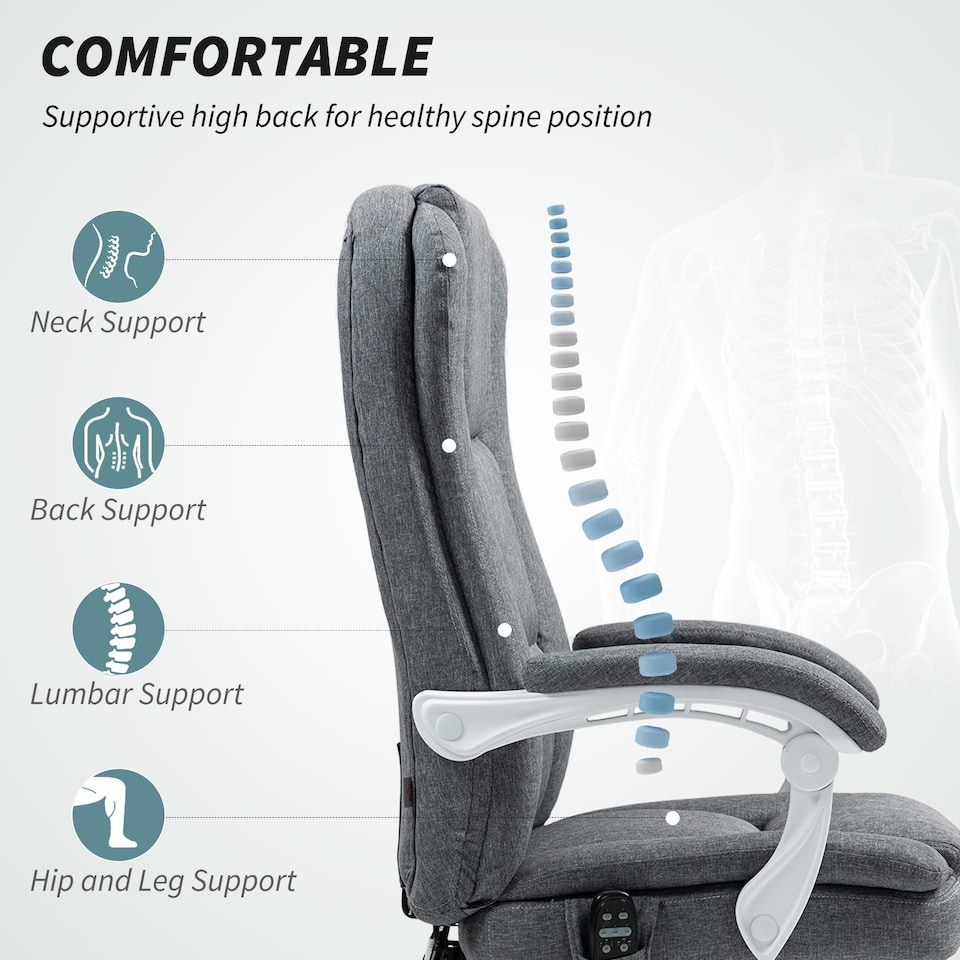 image 1 of HOMCOM Office Chair with 6-point Massage and Heat, Fabric Computer Desk Chair with Reclining Backrest, High Back, Height Adjustable, Swivel Wheels, Footrest, Remote, for Home, Grey