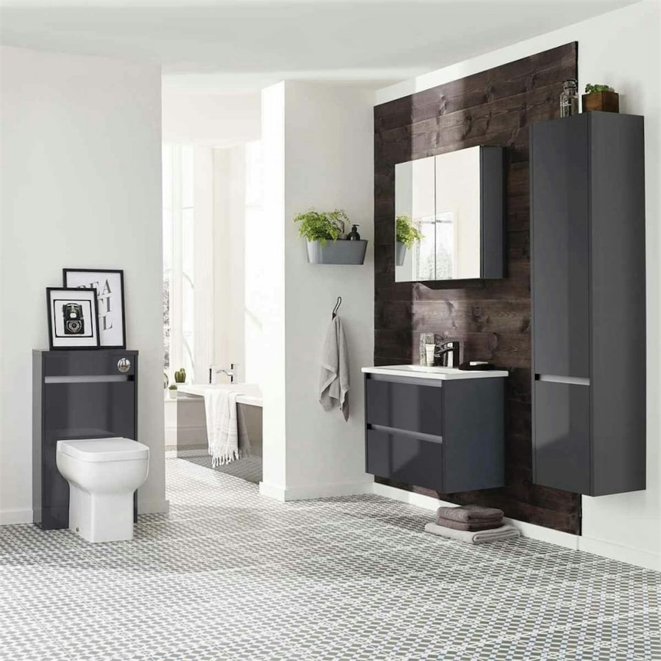 image 1 of Bathroom 2-Drawer Floor Standing Vanity Unit with Basin 600mm Wide - Storm Grey Gloss - (Urban) - Brassware Not Included | Grey | Grey | 1