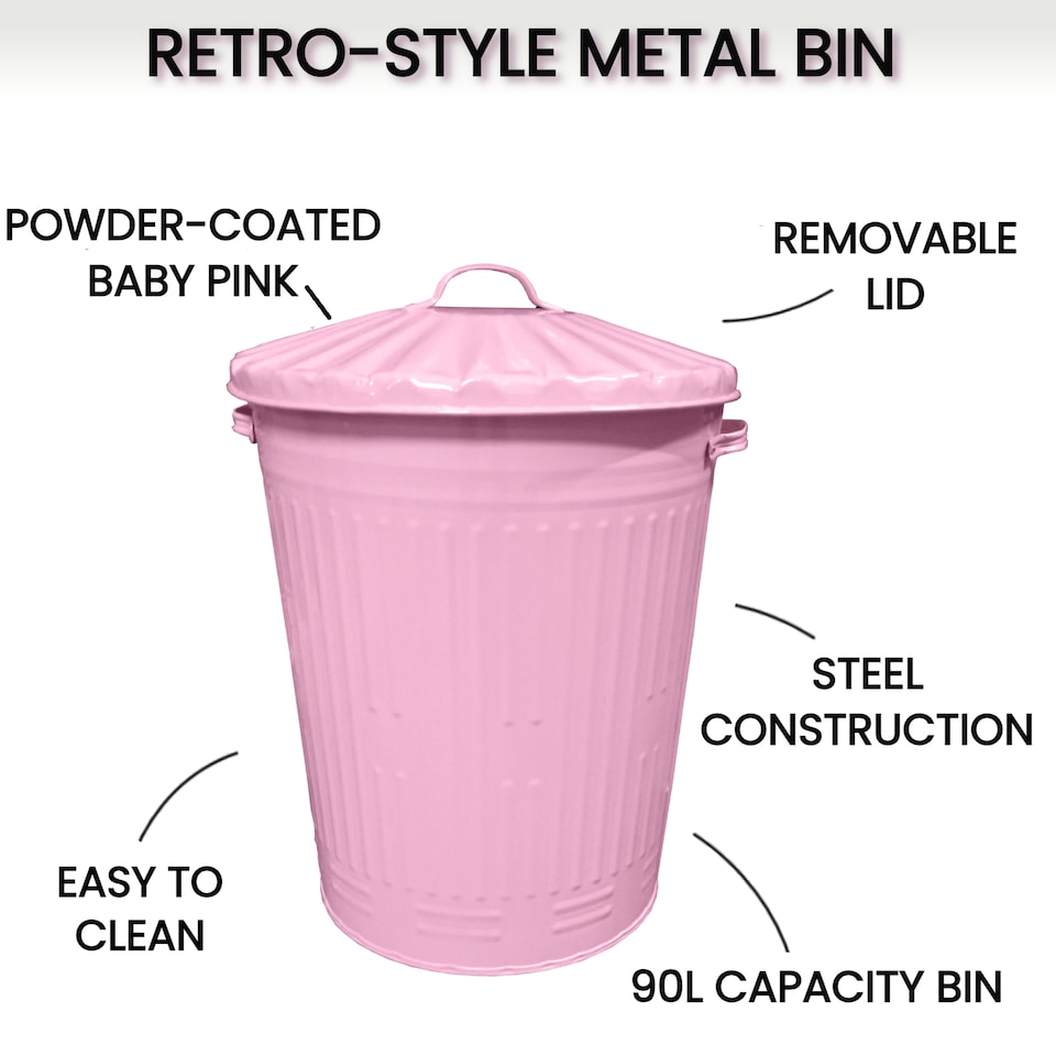 image 1 of 90L Retro Style Metal Dustbin Suitable for Indoor or Outdoor - Classic Pink Bin Steel Dustbin for Animal Feed, General Waste, Storage - 90 Litre