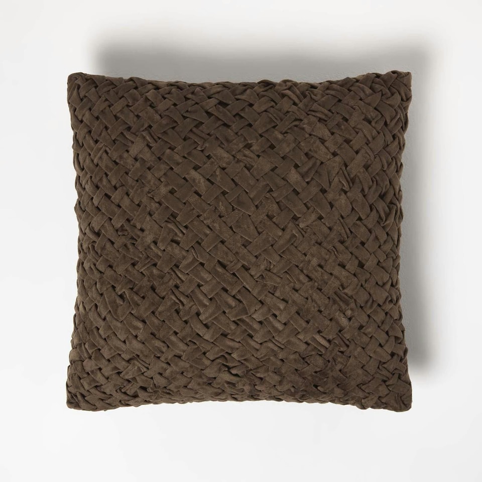 image 1 of Homescapes Sofia Pleated Brown Velvet Cushion - 45 x 45 cm | Brown | 45 x 45 cm | 1