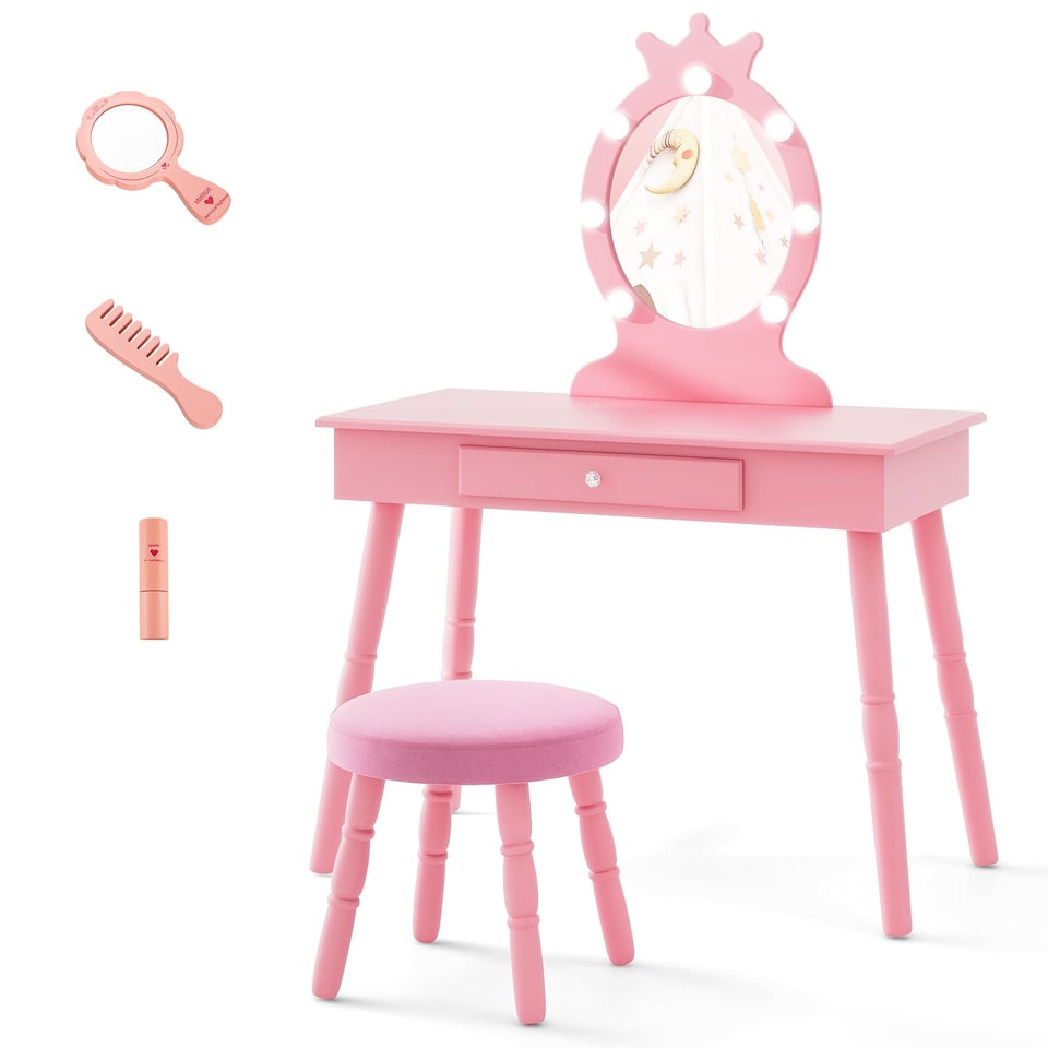 image 1 of COSTWAY Princess Vanity Table & Chair Set Kids Set Pink