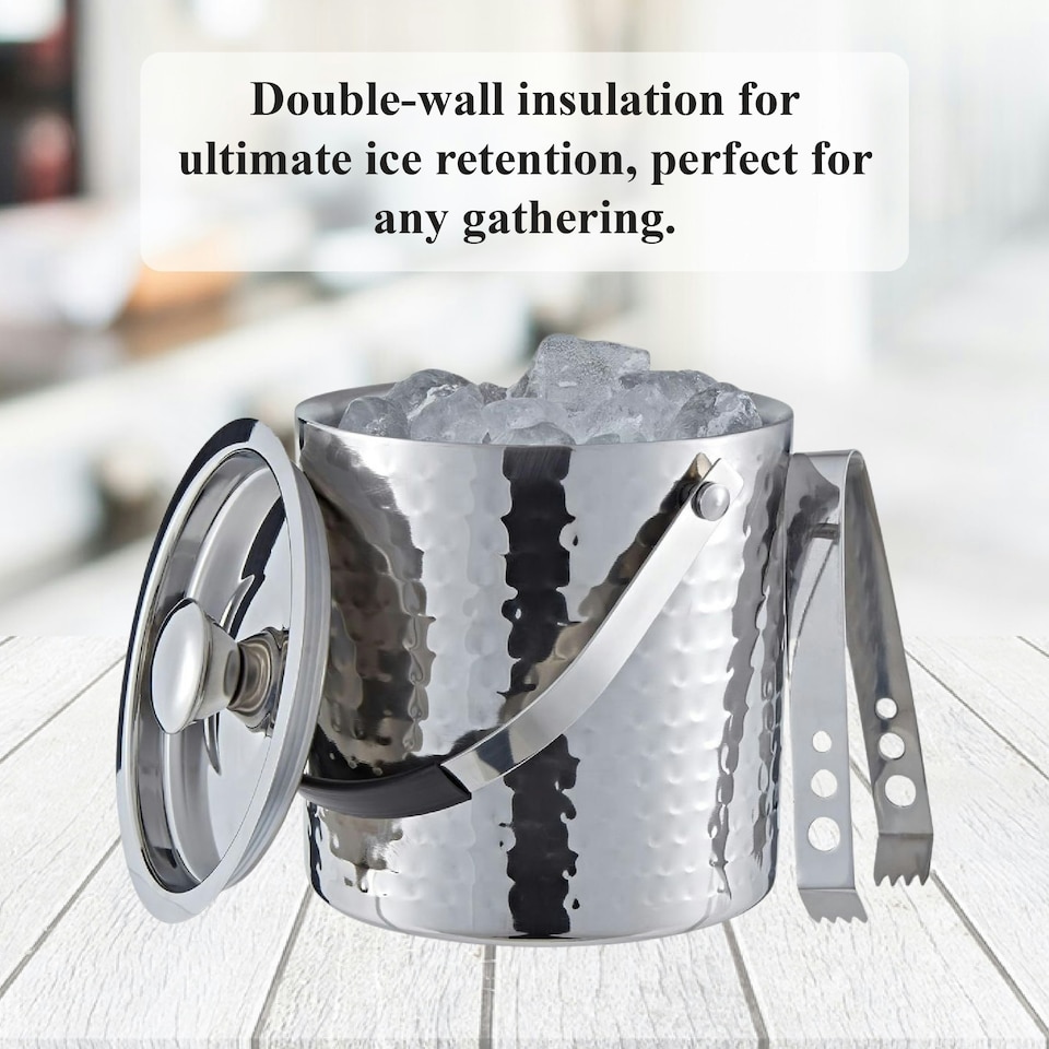 image 1 of Buckingham Double Wall Ice Bucket Stainless Steel 2.3 Litre with Tong hammered effect