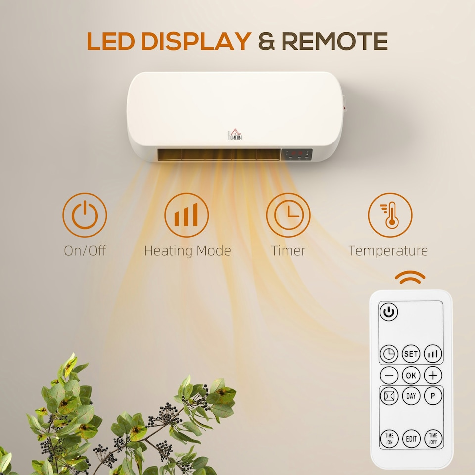 image 1 of HOMCOM Wall Mounted Electric Heater with Timer Overheat Protection White