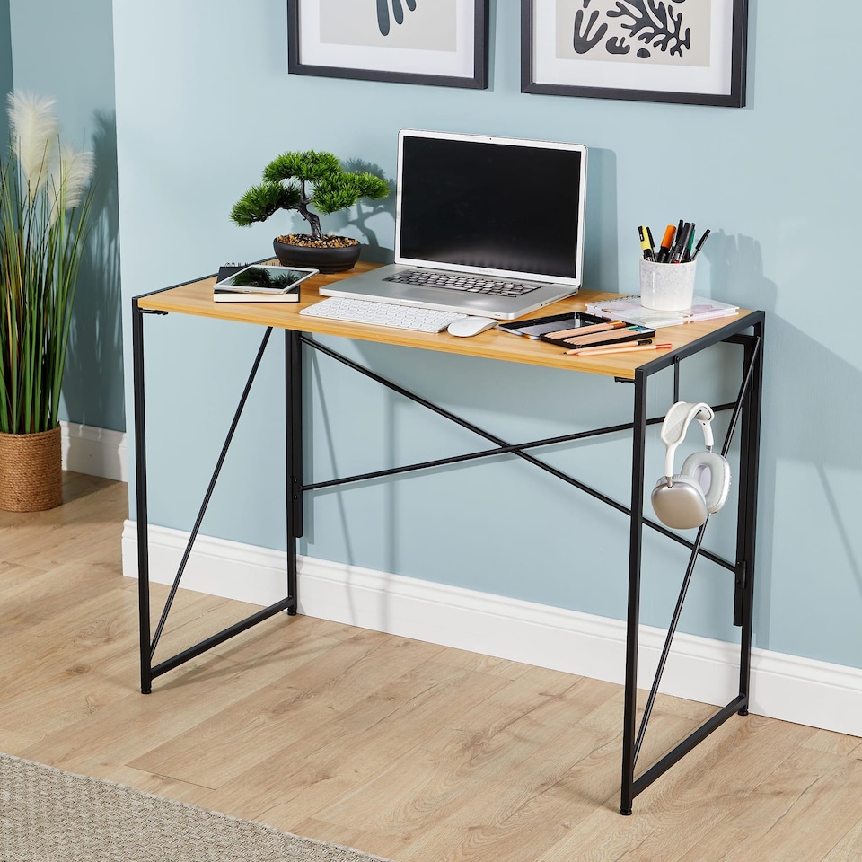 image 1 of Folding Compact Desk Storage Hook Wood Metal Office Computer Table Workstation | Brown