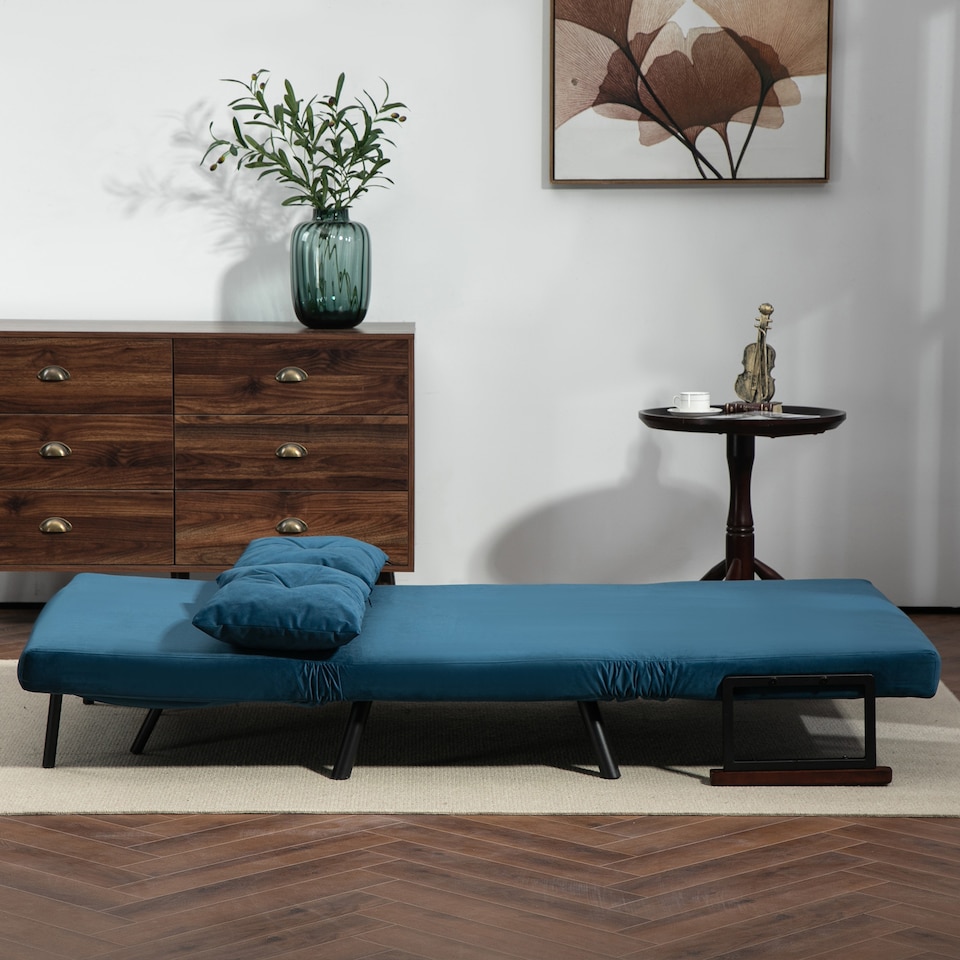 image 1 of HOMCOM 2 Seater Sofa Bed, Click Clack Convertible Bed Settee, Modern Velvet Feel Fabric Sofa Couch with 2 Tufted Cushions, Wood Armrests for Living Room, Bedroom, Guest Room, Navy Blue