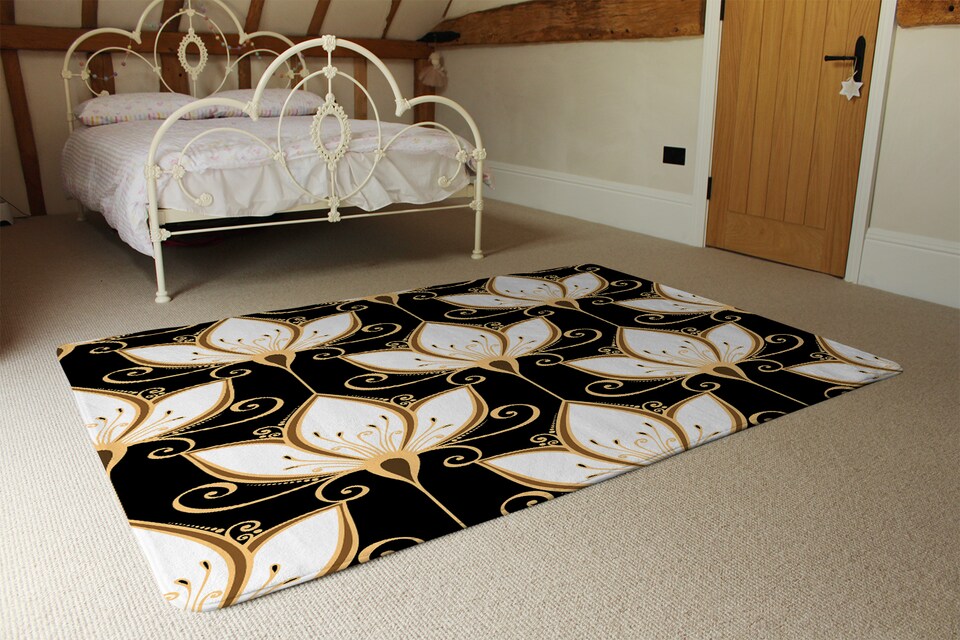 image 1 of Black & Gold Floral Pattern Rug | Multi